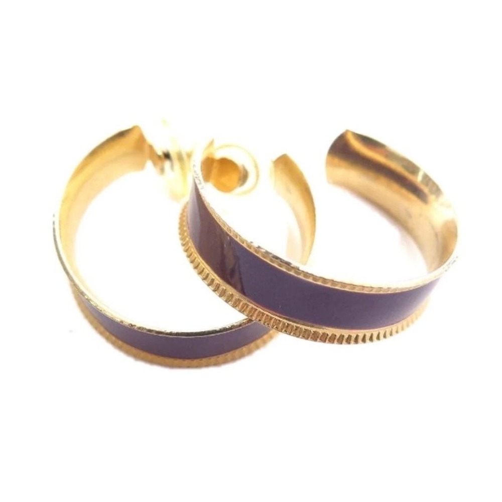 Vintage 32mm Gold Plated Wide Purple Enamel Hoop Pierced Earrings